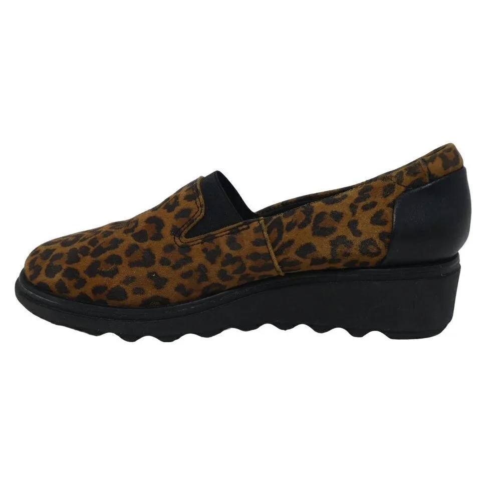 Clarks Collection Sharon Dolly Leopard Print Suede Wedge Heel Shoes Womens 7